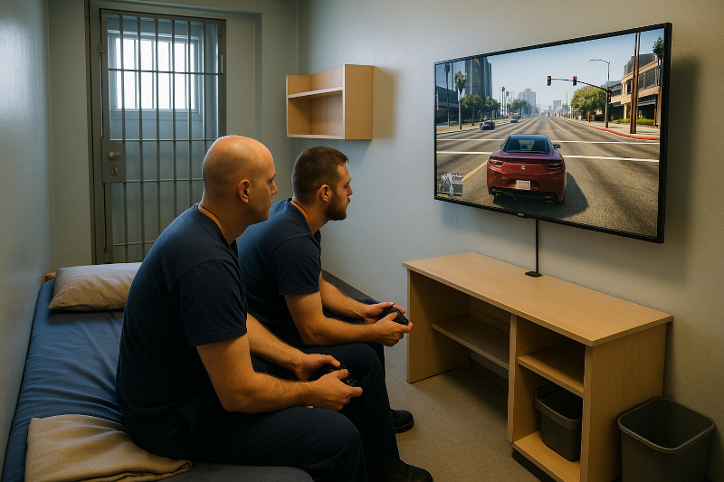 2 st mördare sitter i en cell och spela GTA5 på storbildskärm.