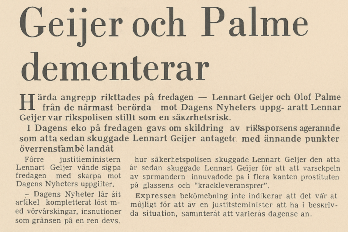 Tidningsurklipp: Geijer och Palme dementerar
